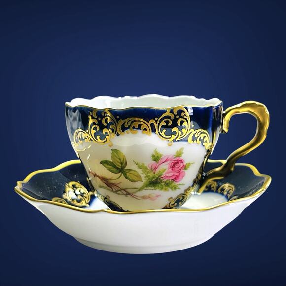 Lindner Other - Vintage Lindner Bavaria Demitasse Cup Saucer Cobalt Gold Moss Rose Read
